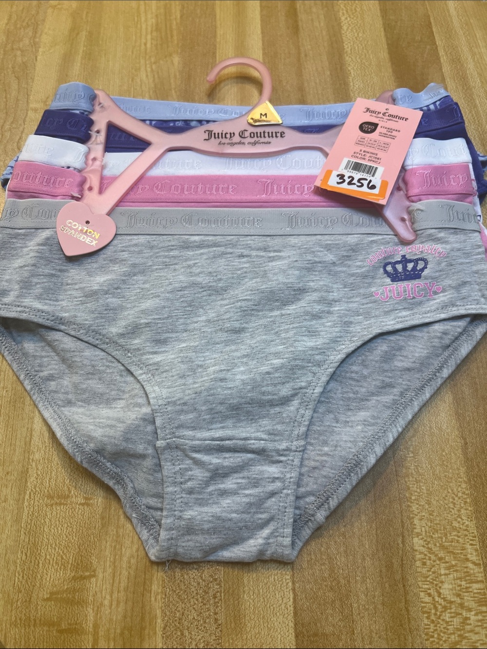 #3256**Juicy Couture Girls' Cotton Blend Briefs - Gray, Pink, Blue (3-Pack)